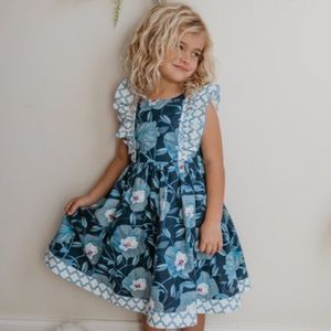 Blue Floral Pinafore Back Bow Waist Tie Colorblocked Dress Size 7/8